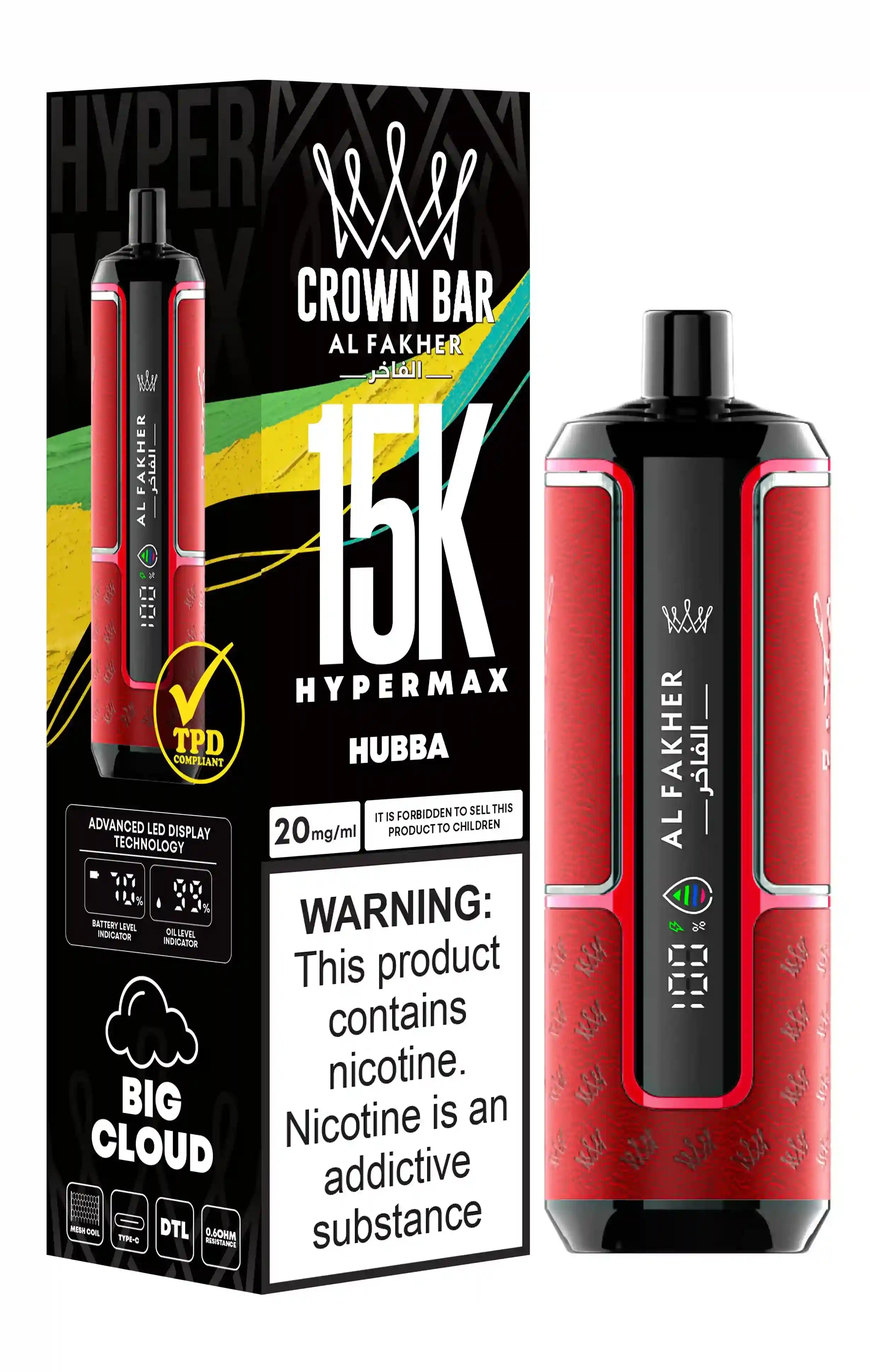 Al Fakher Crown Bar 15k Hypermax Vape Box of 10 with Hubba flavour
