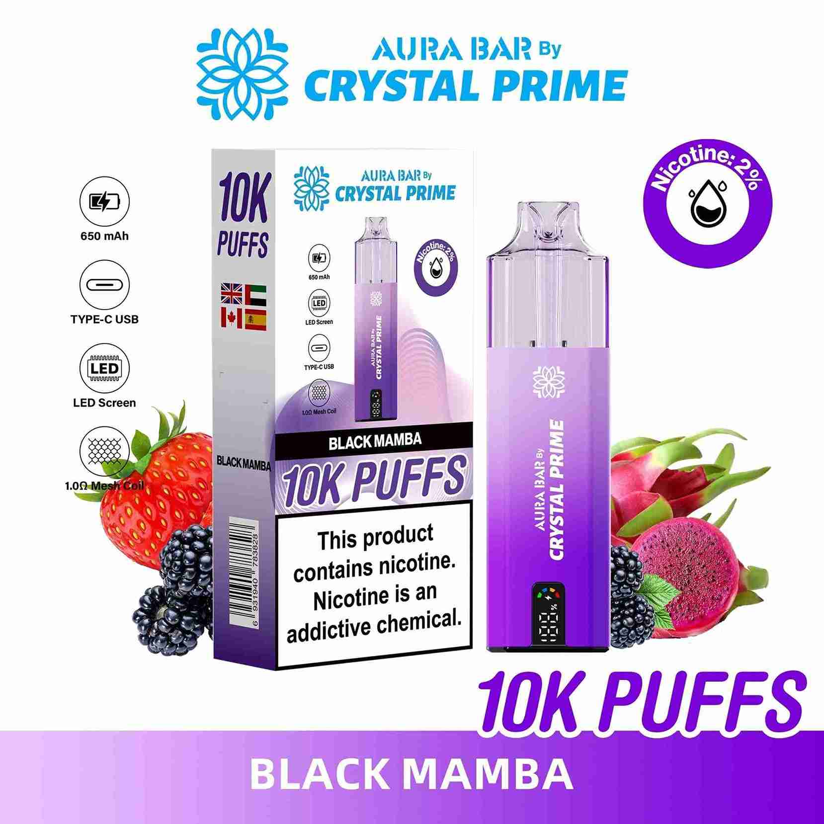 Crystal Prime Aura Bar 10000 Box of 5 - Prefilled Pod Kit - Flavour Black Mamba 