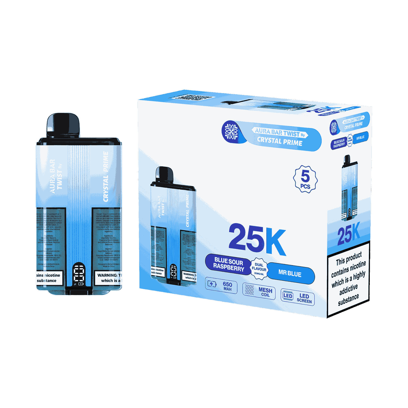 Aura Bar Twist 25000 Puffs by Crystal Prime - Box of 5 with Blue Sour Raspberry and Mr Blue flavour