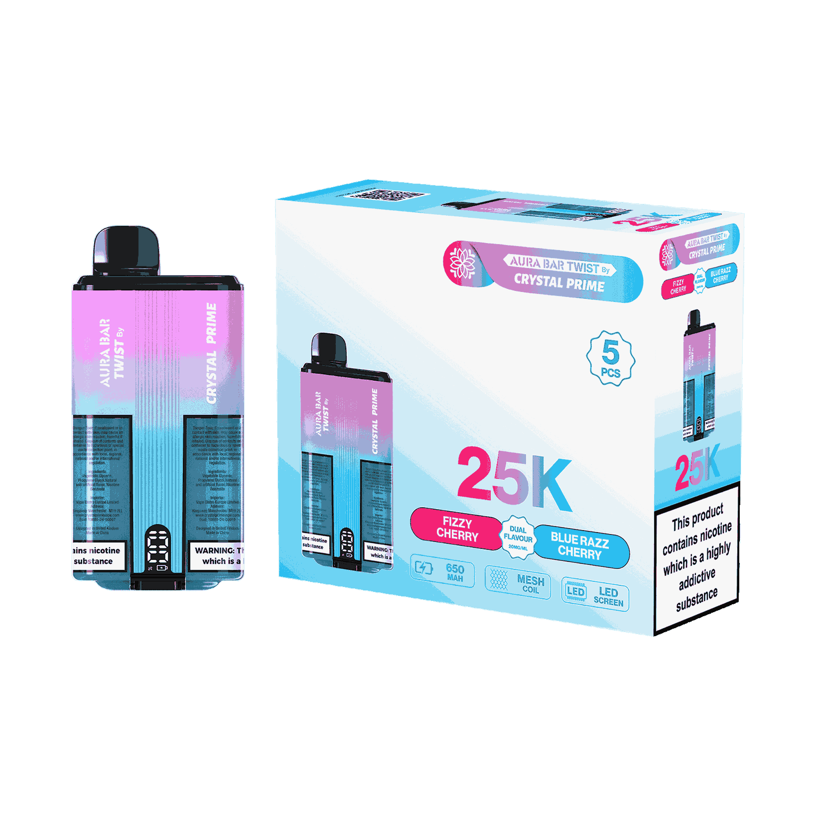 Aura Bar Twist 25000 Puffs by Crystal Prime - Box of 5 with Fizzy Cherry and Blue Razz Cherry flavour