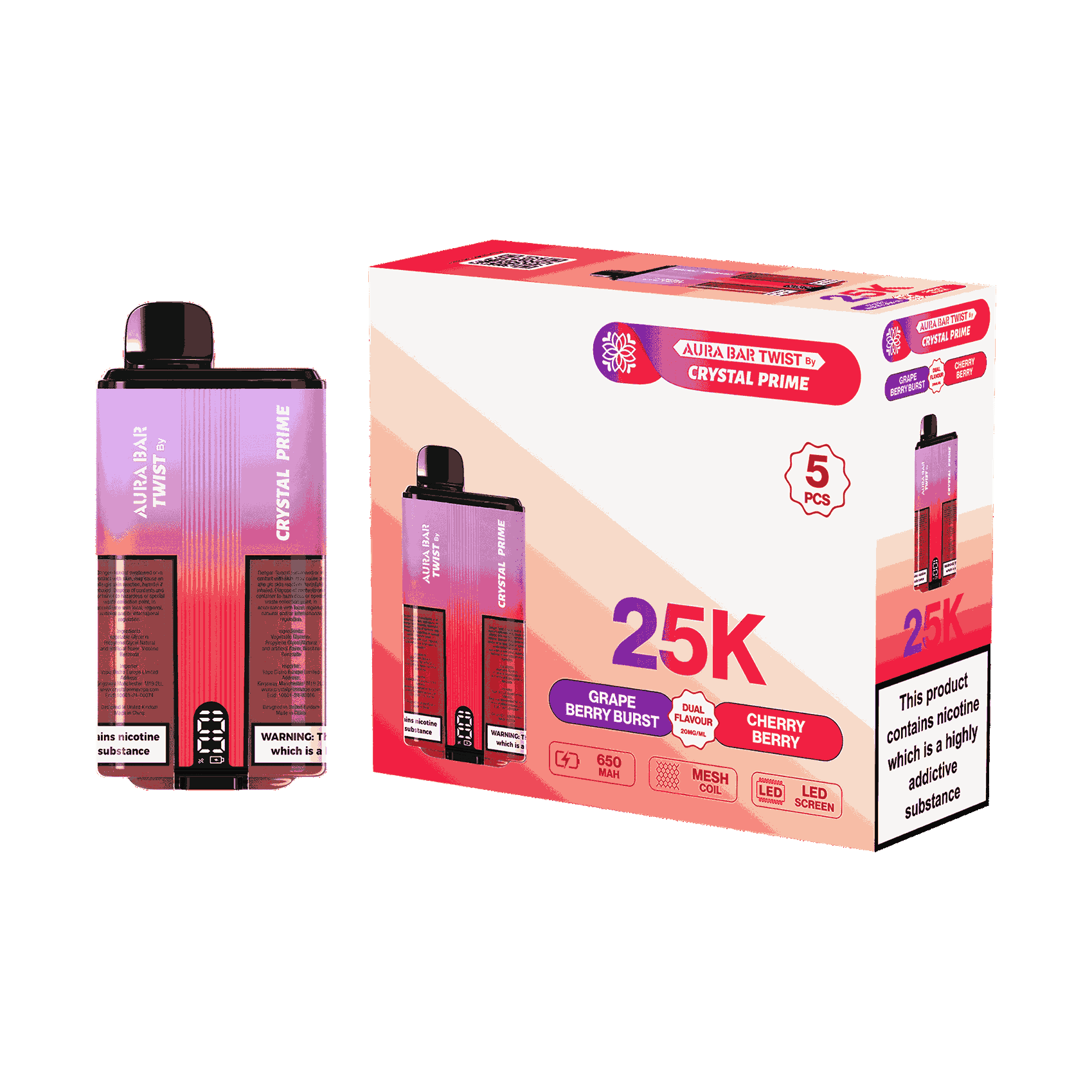 Aura Bar Twist 25000 Puffs by Crystal Prime - Box of 5 with Grape Berry Brust and Cherry Berry Flavour
