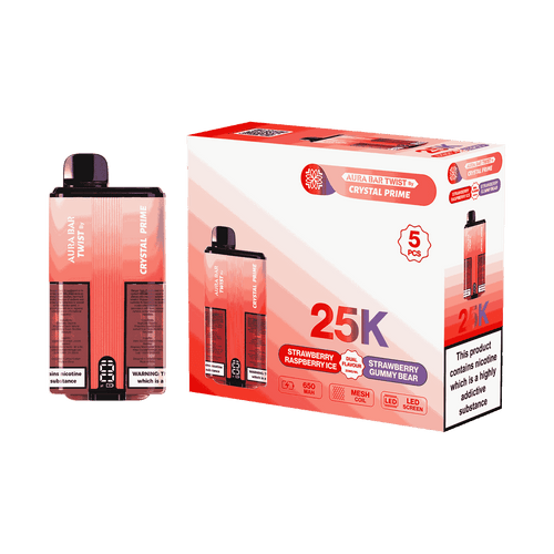 Aura Bar Twist 25000 Puffs by Crystal Prime - Box of 5 with Strawberry Raspberry Ice and Strawberry Gummy Bear flavour