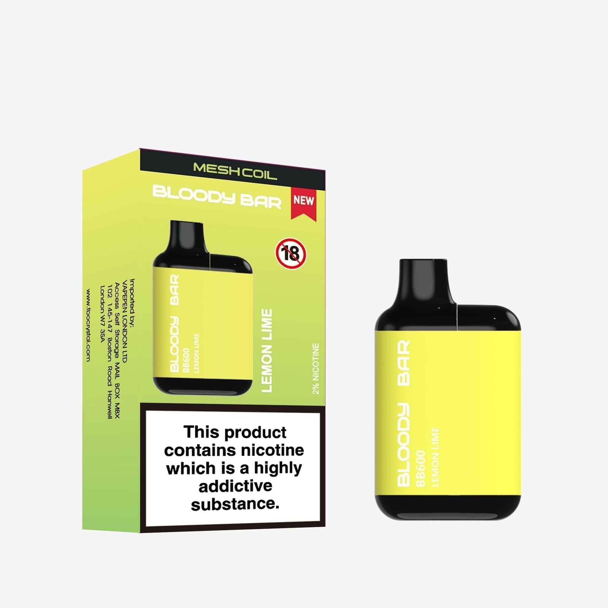 Bloody Bar BB600 Prefilled Pod Vape Kit Pack of 10. Flavour Lemon Lime
