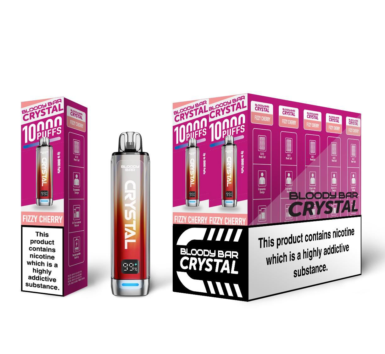Bloody Crystal 10K Prefilled Pod kit featuring Box of 10 of flavour Fizzy Cherry