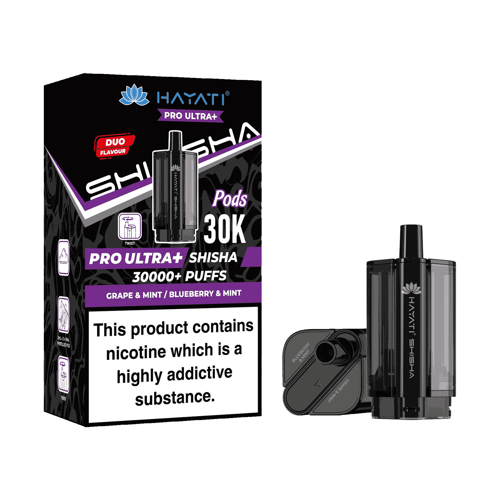 Hayati Pro Ultra Plus Shisha 30k Prefilled Pods Box of 5 - Wholesale Price ! with Grape & Mint and Blueberry Mint