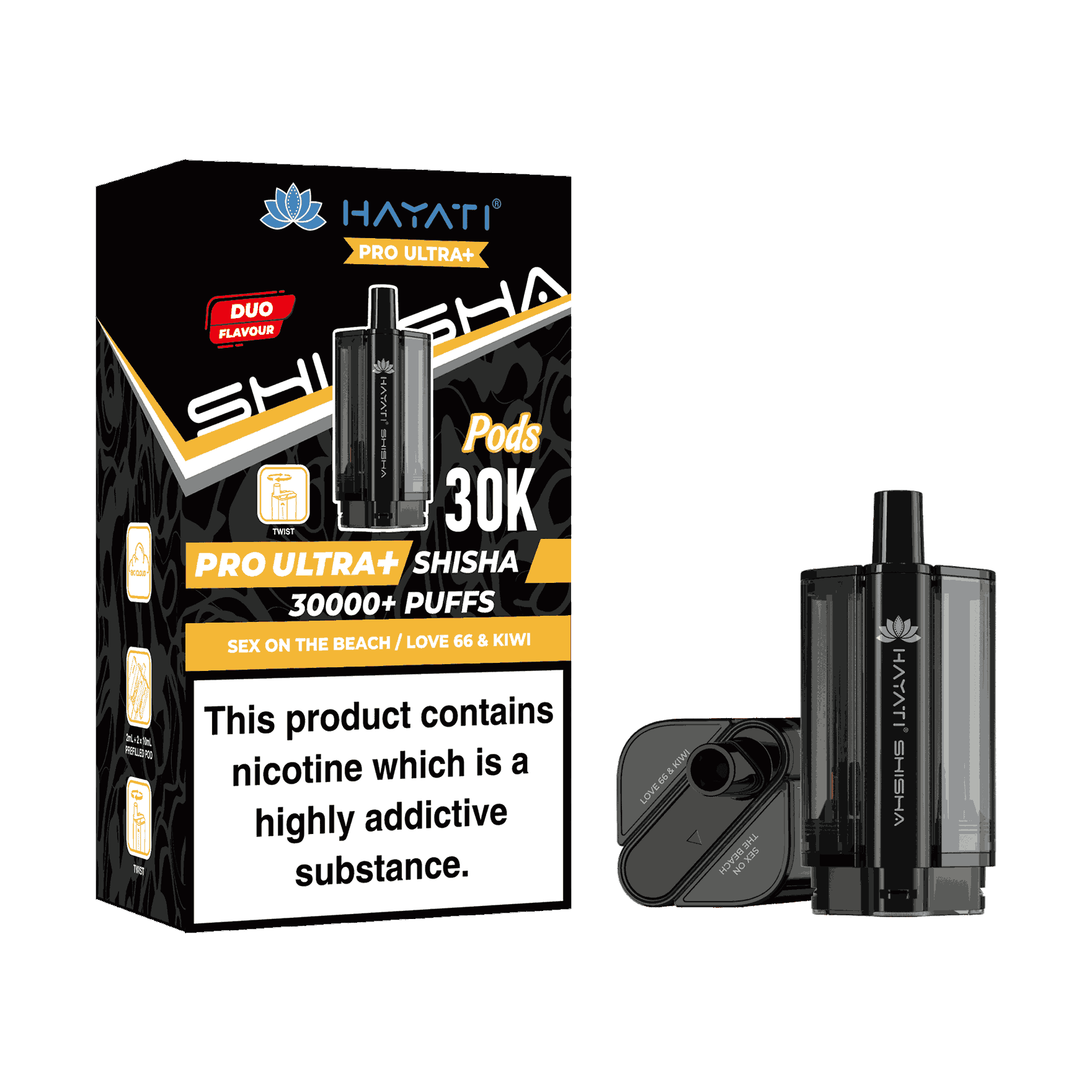 Hayati Pro Ultra Plus Shisha 30k Prefilled Pods Box of 5 - with Sex on the Beach and Love 66 & Kiwi Wholesale Price !