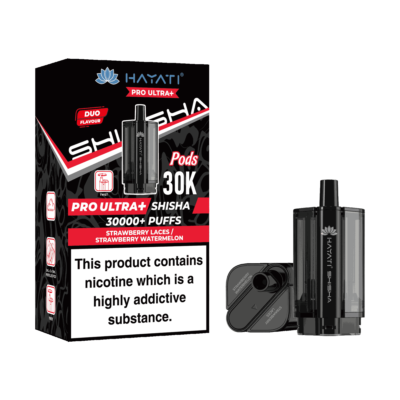 Hayati Pro Ultra Plus Shisha 30k Prefilled Pods Box of 5 - with Strawberry Watermelon and Laces flavour Wholesale Price !