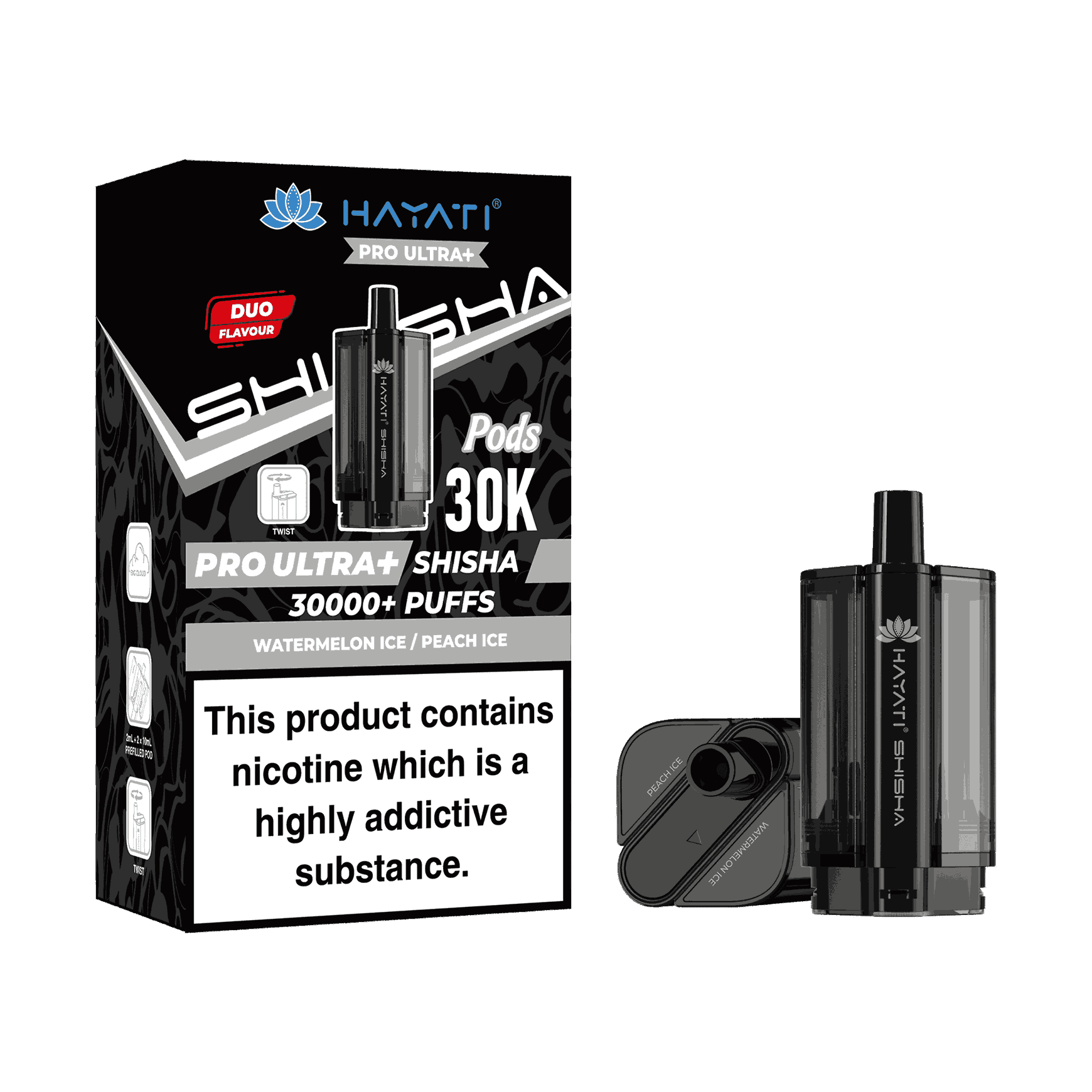 Hayati Pro Ultra Plus Shisha 30k Prefilled Pods Box of 5 - with Watermelon and Peach ice flavour Wholesale Price !