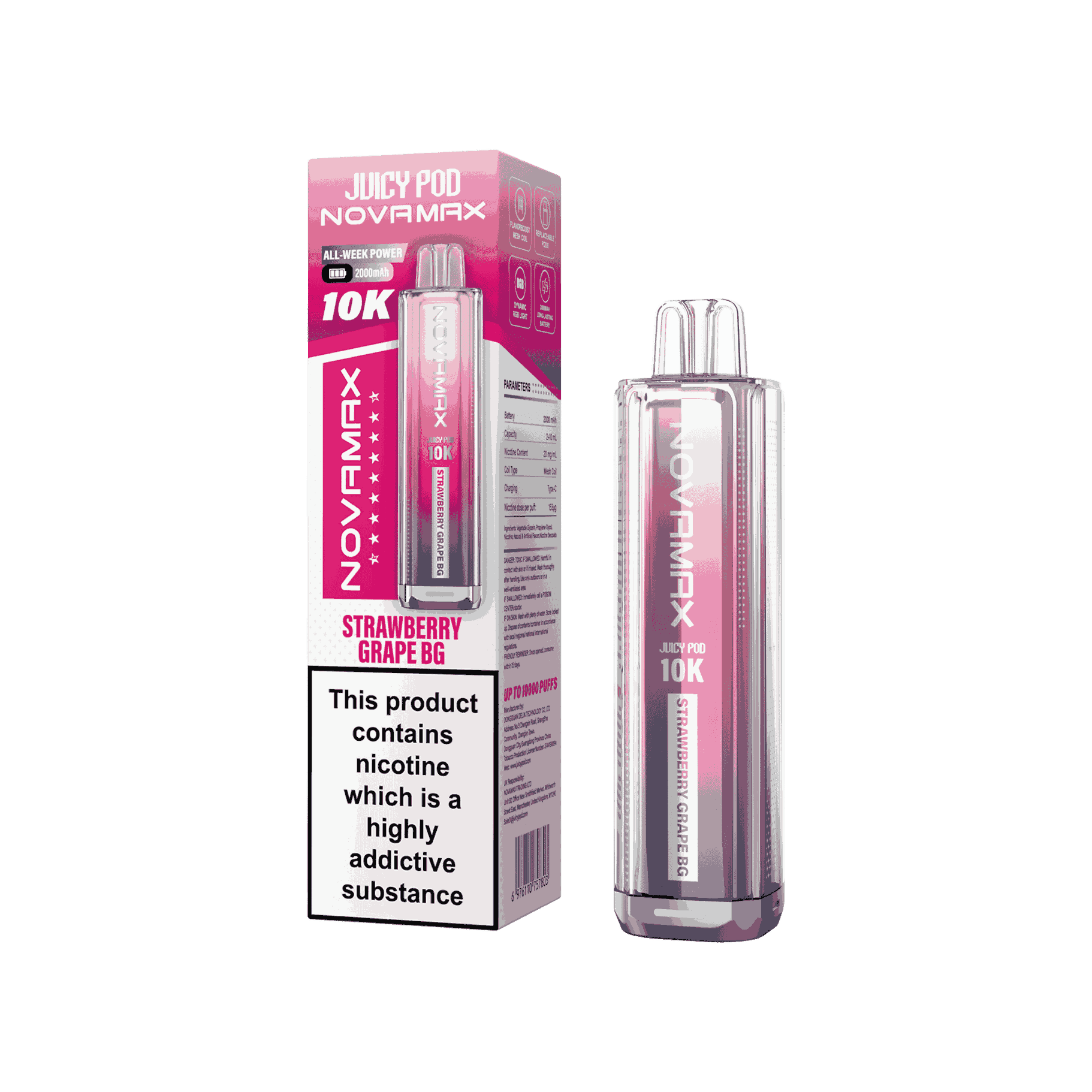 Juicy Pod Novamax 10k Prefilled Pod Vape Kit - Pack of 5 available in Strawberry Grape GB Flavour 