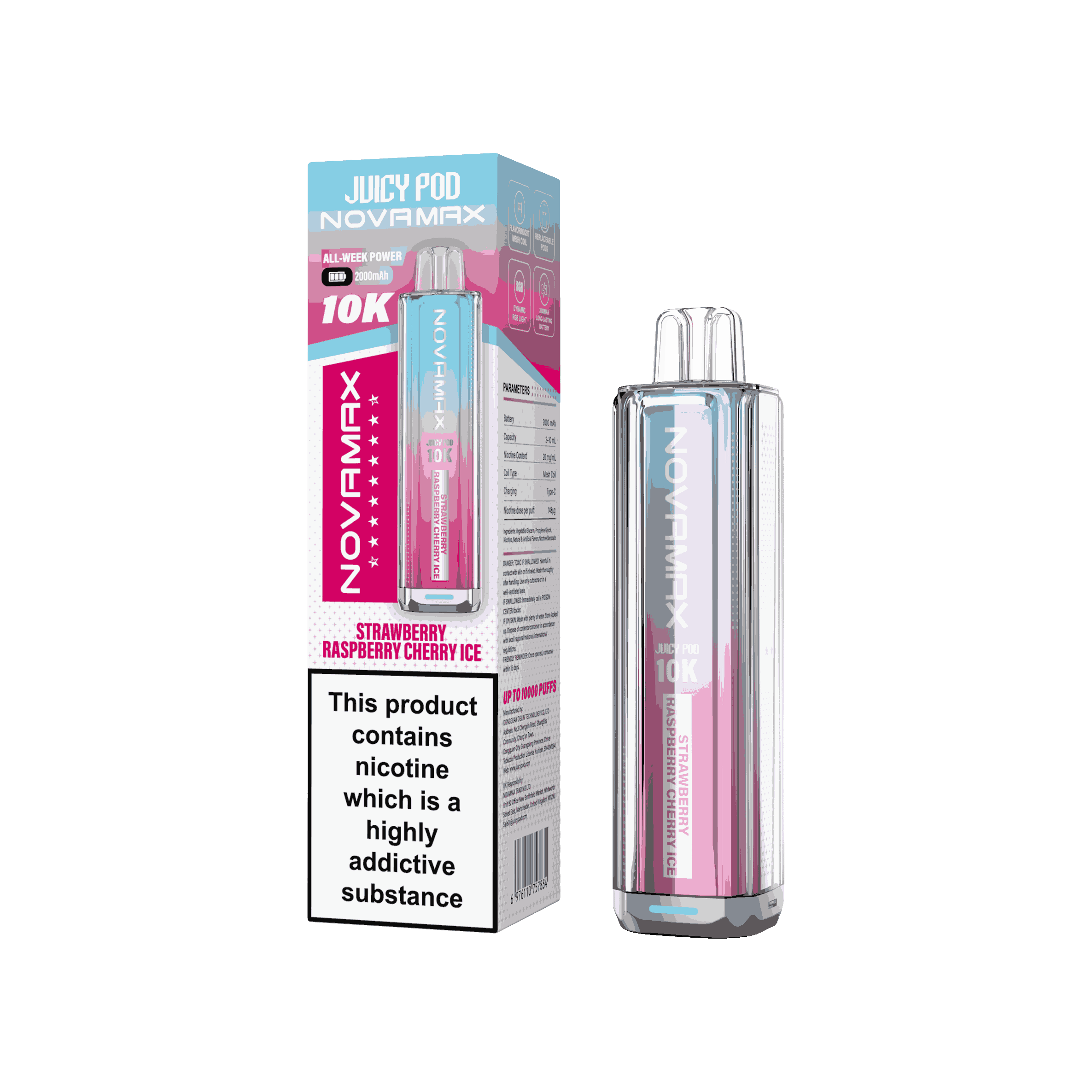 Juicy Pod Novamax 10k Prefilled Pod Vape Kit - Pack of 5 available in Strawberry Raspberry Cherry Ice Flavour 